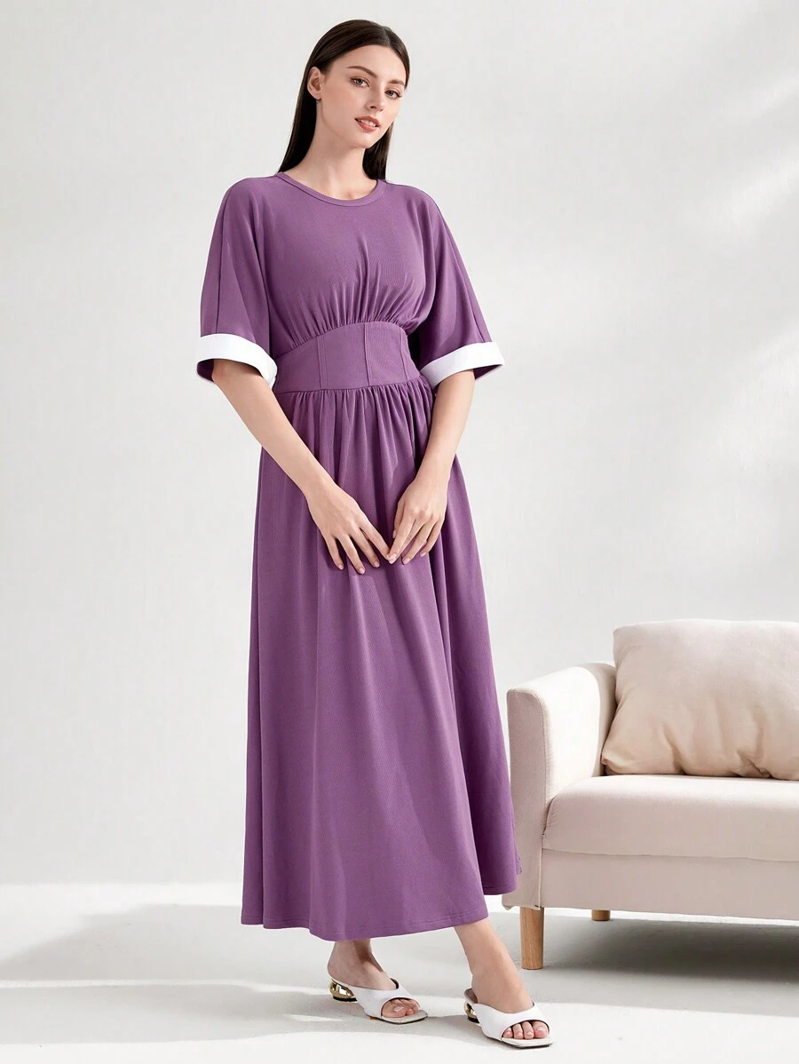 Mulvari Tay áo tương phản Váy chữ A - Màu tím - Xem 1