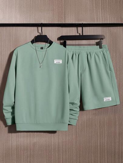 SWAVVY Herrkläder med bokstavslappar och shorts med resår i midjan, för hösten/vintern, parkläder