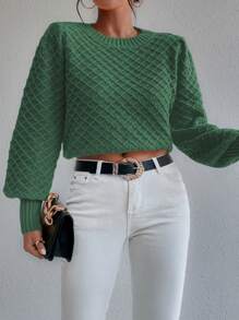 SHEIN LUNE Pull en tricot à manches lanternes en argyle, pull-over d'automne-hiver - Vert sapin - Voir 4