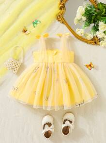 SHEIN 女嬰蝴蝶圖案肩部蝴蝶結網紗覆蓋吊帶洋裝 - 黃色 - 查看 2