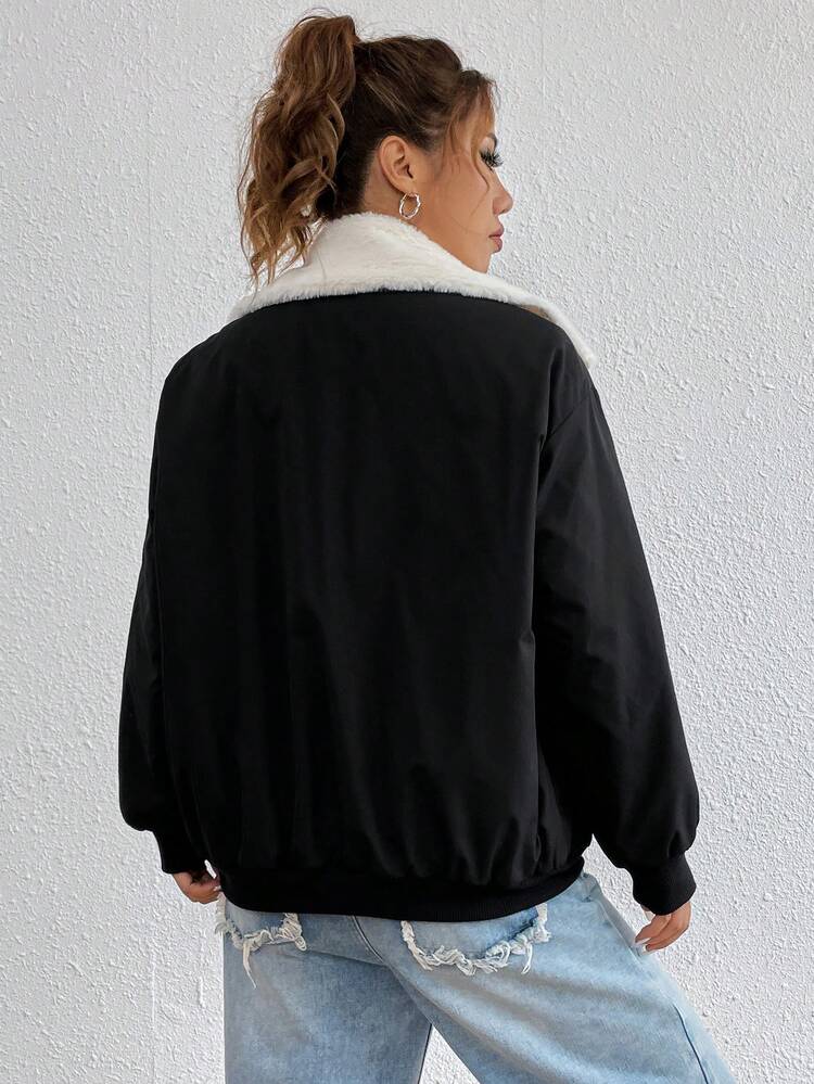 Borg Collar Flap Pocket Drop Shoulder Zipper Front Padded Coat