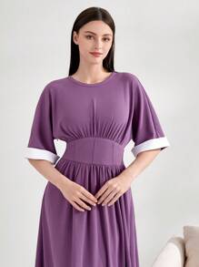 Mulvari Tay áo tương phản Váy chữ A - Màu tím - Xem 5