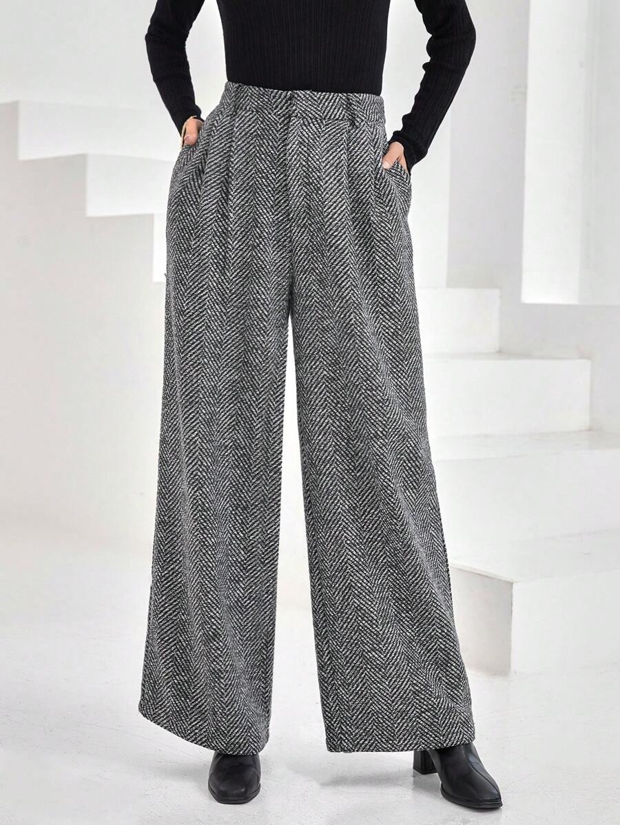 SHEIN Privé Fold Pleated Slant Pocket Wide Leg Pants - Multicolor - View 1