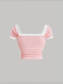 SHEIN MOD 大碼蕾絲拼接前蝴蝶結短款T恤 - 淺粉色 - 查看 2