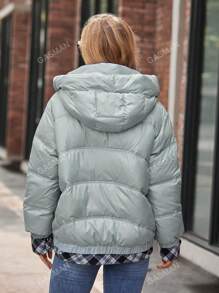 GASMAN Plaid Print Drawstring Zipper Hooded Padded Coat