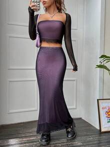 SHEIN EZwear 素色短款上衣&魚尾短裙 - 黑色 - 查看 3