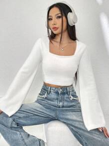 Muchica Square Neck Crop Fuzzy Knit Top - White - View 5