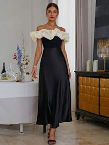 Sollinarry 女士撞色露肩褶饰优雅法式连衣裙，婚礼宾客服装 - 黑色 - 查看 6