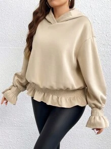 Celure Plus Flare Sleeve Ruffle Hem Hoodie Graduation,Back To School Outfits,Graduation,Teacher Outfits For Women,Back To School Pullover Fall Outfit