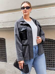 RueChic Plus Flap Pocket Drop Shoulder Zipper Front Overcoat - Dark Grey - View 4