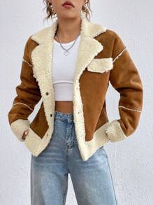 SHEIN EZwear Teddy Lined Drop Shoulder Flap Detail Coat - Brown - View 1