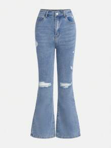 青少年女孩破洞牛仔褲不附腰帶 - 淺色水洗藍 - 查看 1