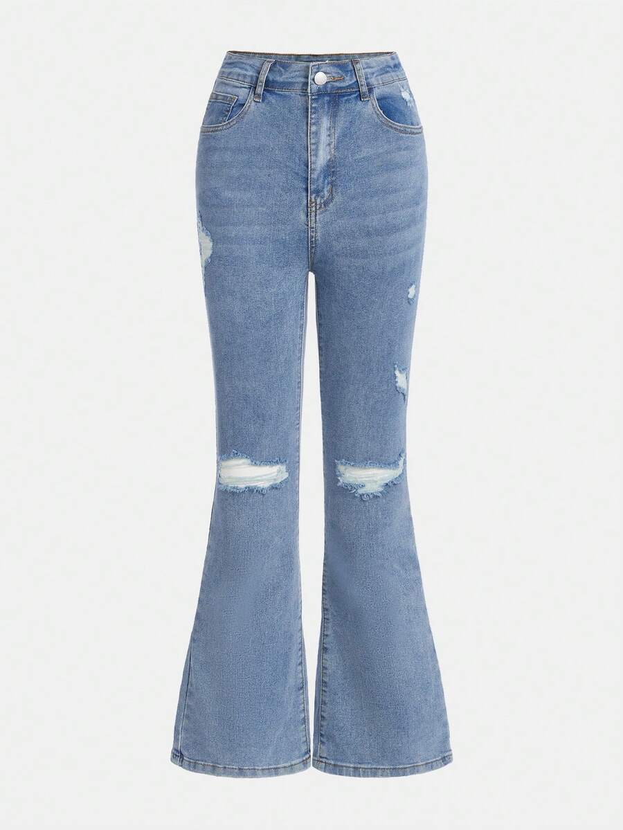 青少年女孩破洞牛仔褲不附腰帶 - 淺色水洗藍 - 查看 1