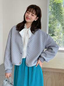 FRIFUL Solid Drop Shoulder Quilted Jacket,Fall Clothes - Dusty Blue - View 4