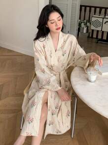 DAZY Floral Print Drop Shoulder Belted Robe Pajama - Beige - View 3