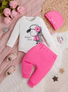 Đứa bé gái Đồ họa Hoạt hình Áo liền quần chặt & Quần nỉ & Mũ - Hồng - Xem 1