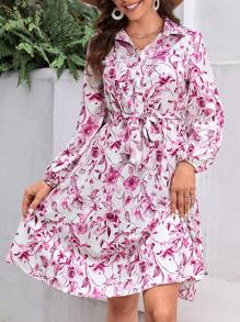 SHEIN VCAY Floral Print Lantern Sleeve Belted Shirt Dress - Multicolor - View 3