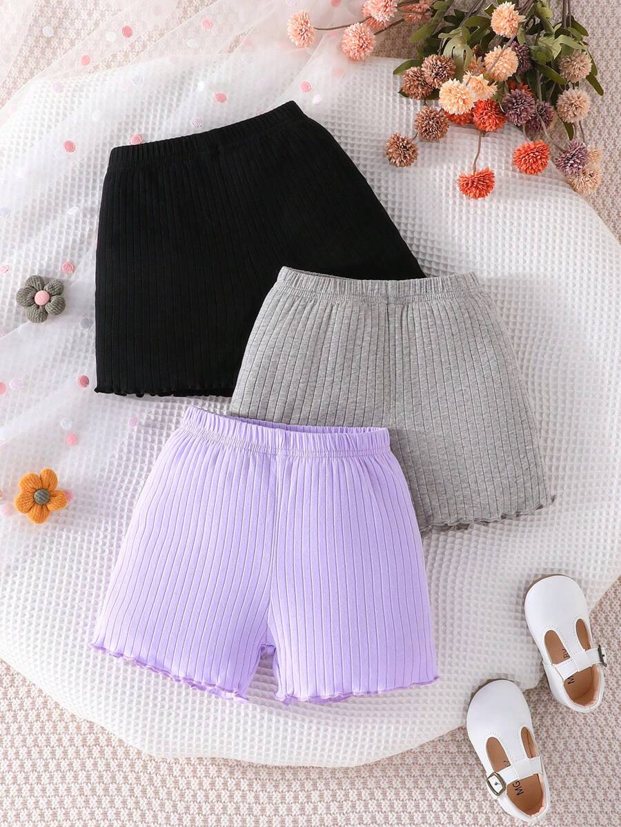 SHEIN Young Girl 3pcs Lettuce Trim Ribbed Knit Shorts - Multicolor - View 1