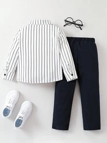 SHEIN Chàng trai trẻ Sọc Nơ mặt trước 2 trong1 Áo sơ mi & Quần - Xanh và trắng - Xem 2