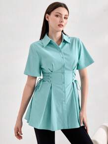 Mulvari Lace Up Side Fold Pleated Detail Shirt - Mint Green - View 2
