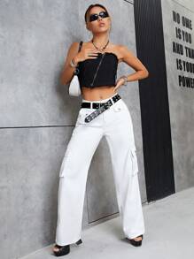 SHEIN ICON Flap Pocket Side Cargo Jeans Without Belt - White - View 1