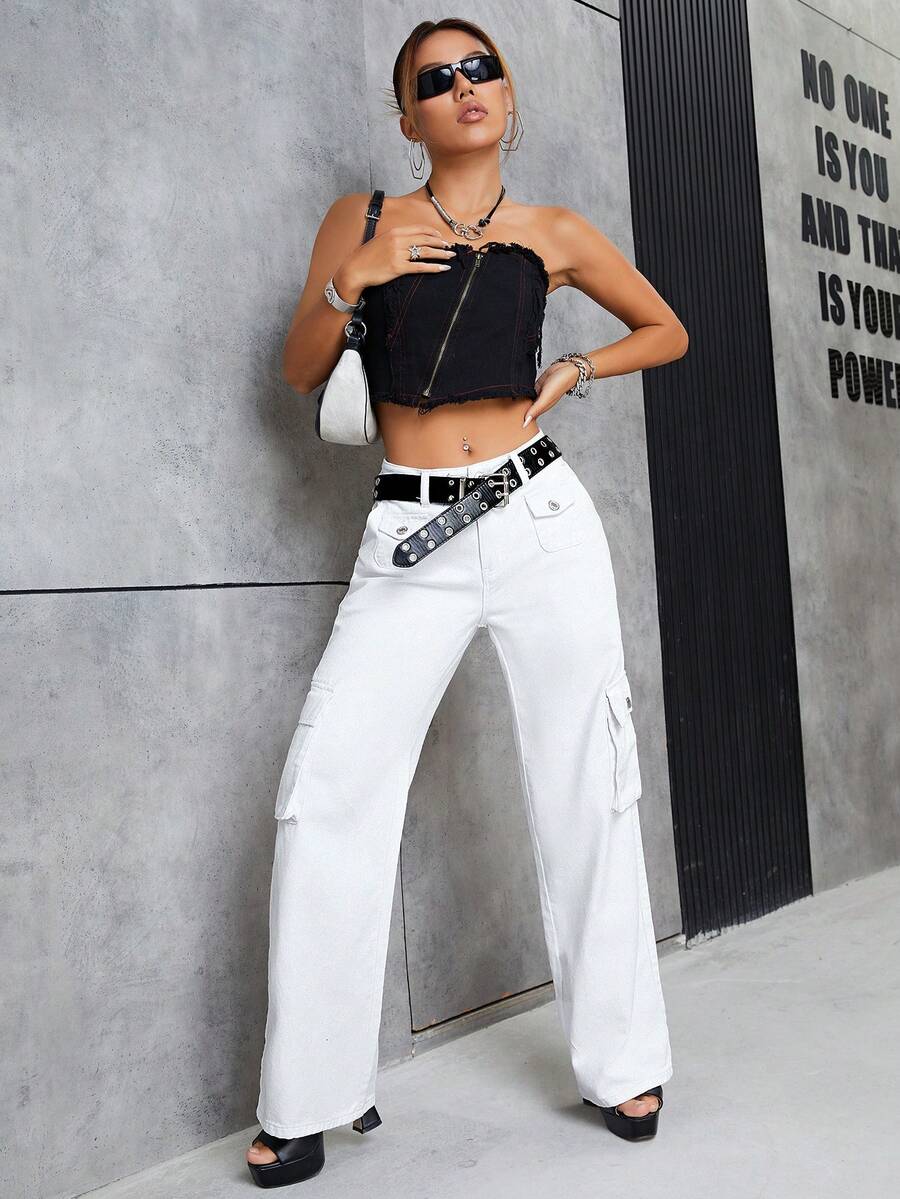 SHEIN ICON Flap Pocket Side Cargo Jeans Without Belt - White - View 1