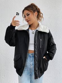 SHEIN EZwear Gewatteerde jas met borgkraag, klepzak, verlaagde schouder en ritssluiting aan de voorkant