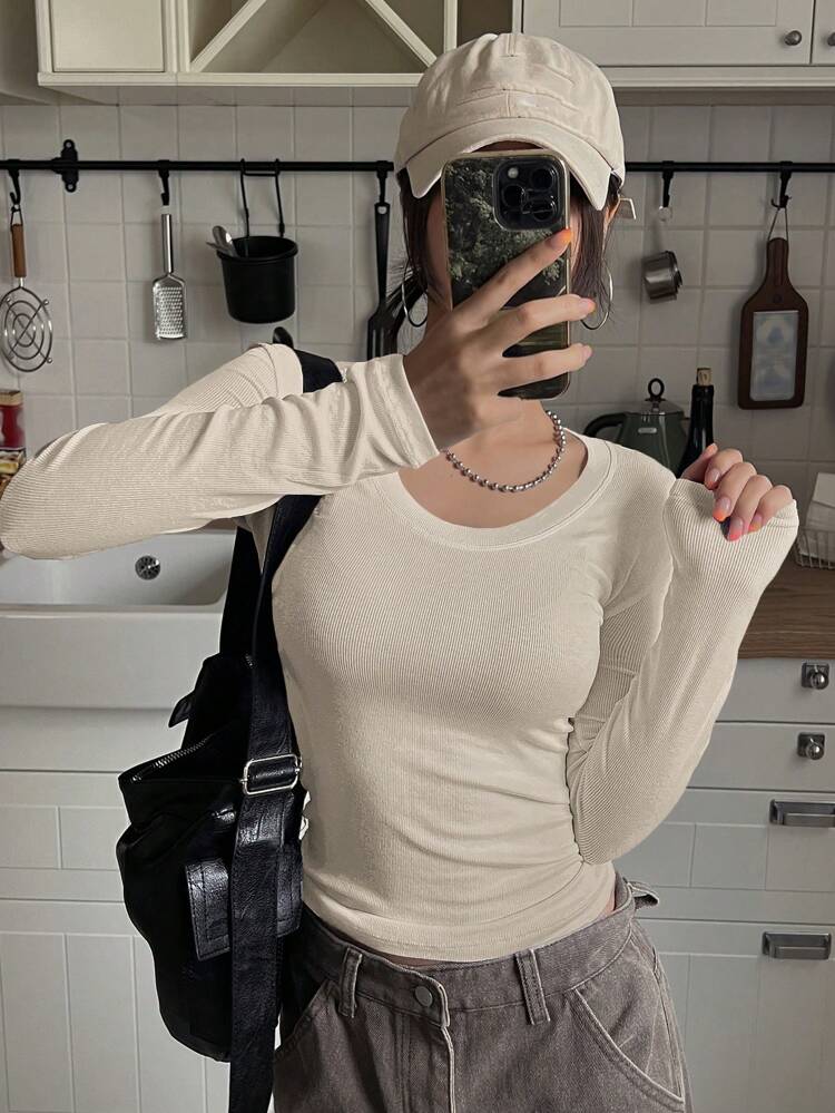 Solid Ribbed Knit Tee,Fall Clothes,Back To School Clothes Long Sleeve Women Tops