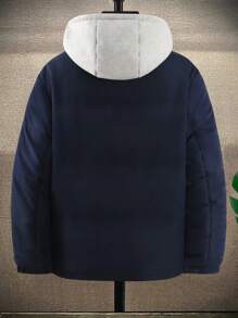 Manfinity Homme 男士宽松字母印花抽绳连帽棉服外套（不含毛衣） - 寶藍色 - 查看 2