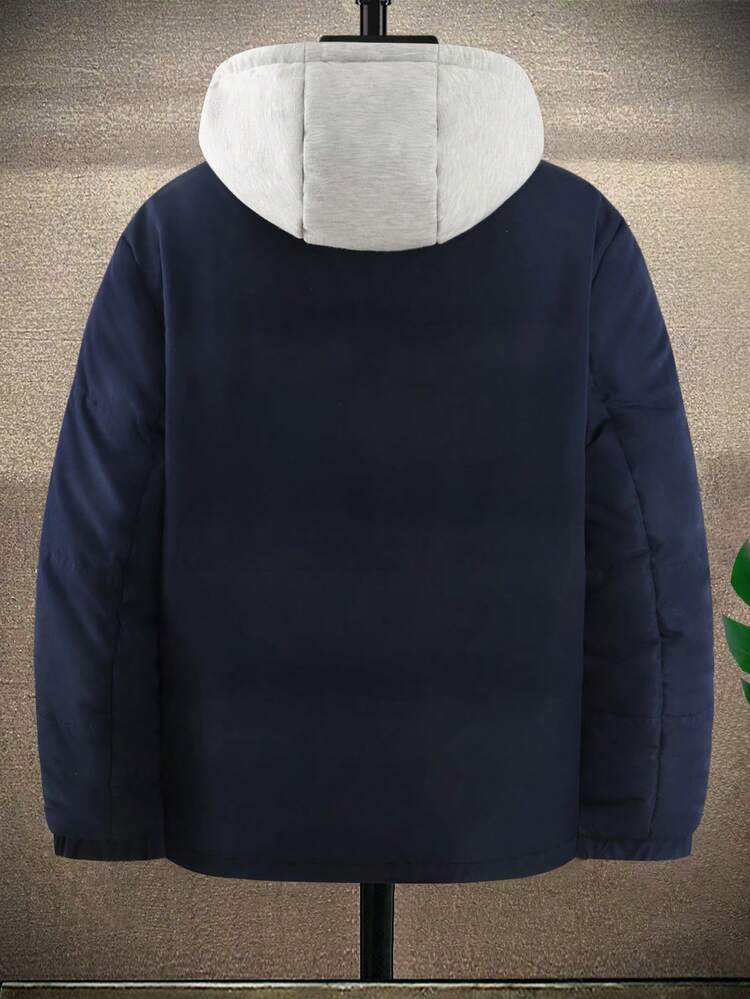 Manfinity Homme 男士宽松字母印花抽绳连帽棉服外套（不含毛衣） - 寶藍色 - 查看 2