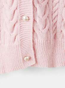 ROMWE Kawaii Cable Knit Himekaji Contrast Fuzzy Trim Hooded Cardigan, School - Pink - View 3