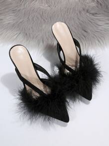 Ciabatte con tacco alto e soffici piume per donna, con punta affusolata e tacco a stiletto, sandali con punta chiusa in stile europeo - nero - Visualizzare 7