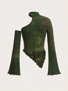 SHEIN ICON 紮染鏤空不對稱下擺T恤 - 軍綠色 - 查看 9