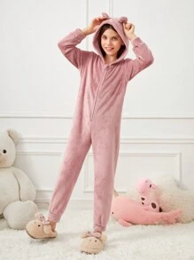 Cô gái Tween Chất rắn Dây kéo Thiết kế tai 3D áo có mũ Flannel Bộ đồ ngủ - Hồng - Xem 3