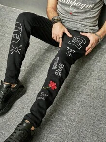 Manfinity 男士棉花卉和字母刺繡牛仔褲 - 黑色 - 查看 6