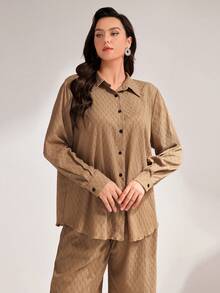 Mulvari Plus Solid Button Front Shirt & Wide Leg Pants - Khaki - View 5