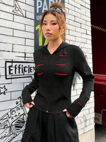 SHEIN EZwear 拉鏈開襟連帽夾克 - 黑色 - 查看 3