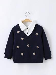 男小童小熊刺繡拼接領二合一運動衫 - 寶藍色 - 查看 1