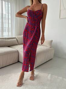 EURMUSE Ditsy Floral Split Thigh Cami Dress - Red - View 5