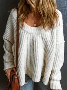 CILKOO Women's Solid Color Drop Shoulder Long Sleeve Casual Loose Knit Sweater, Autumn/Winter - White - View 1