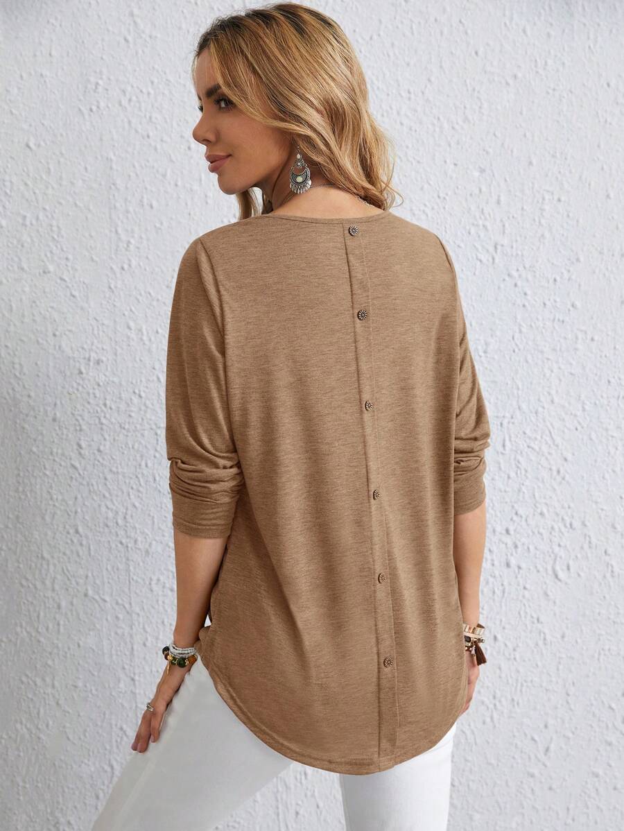 EMERY ROSE Women's Casual Solid Color Button Back Curved Hem T-Shirt Women Long Sleeve Tops Grey Tops For Women Gray Blouse Women Solid Color T Shirt Tops Women Women Women's Fall Clothes - Khaki - View 1