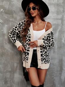 EMERY ROSE Leopard Pattern Drop Shoulder Cardigan,Long Sleeve Tops Fall Winter Cloth For Women - Camel - View 5