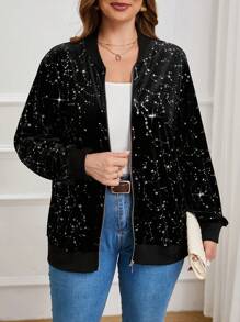 SHEIN Essnce Plus Star Pattern Zip Up Velvet Bomber Jacket - Black - View 4
