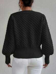 SHEIN Frenchy 菱形針織燈籠袖套頭毛衣 - 黑色 - 查看 2