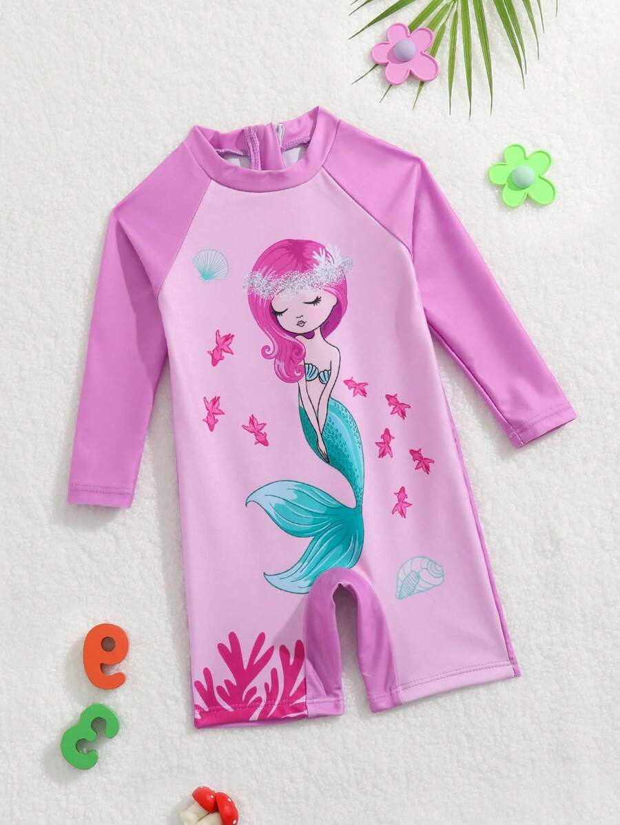 Baby Girl Mermaid Print Zipper Back One Piece Swimsuit - Multicolor - View 1