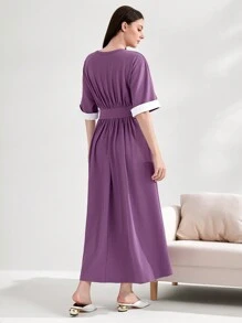 Mulvari Tay áo tương phản Váy chữ A - Màu tím - Xem 3