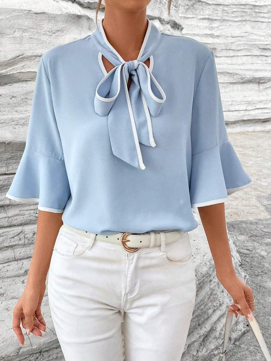 SHEIN Privé Tương phản ràng buộc Cà vạt Tay áo loe Áo sơ mi - Màu xanh lam - Xem 1