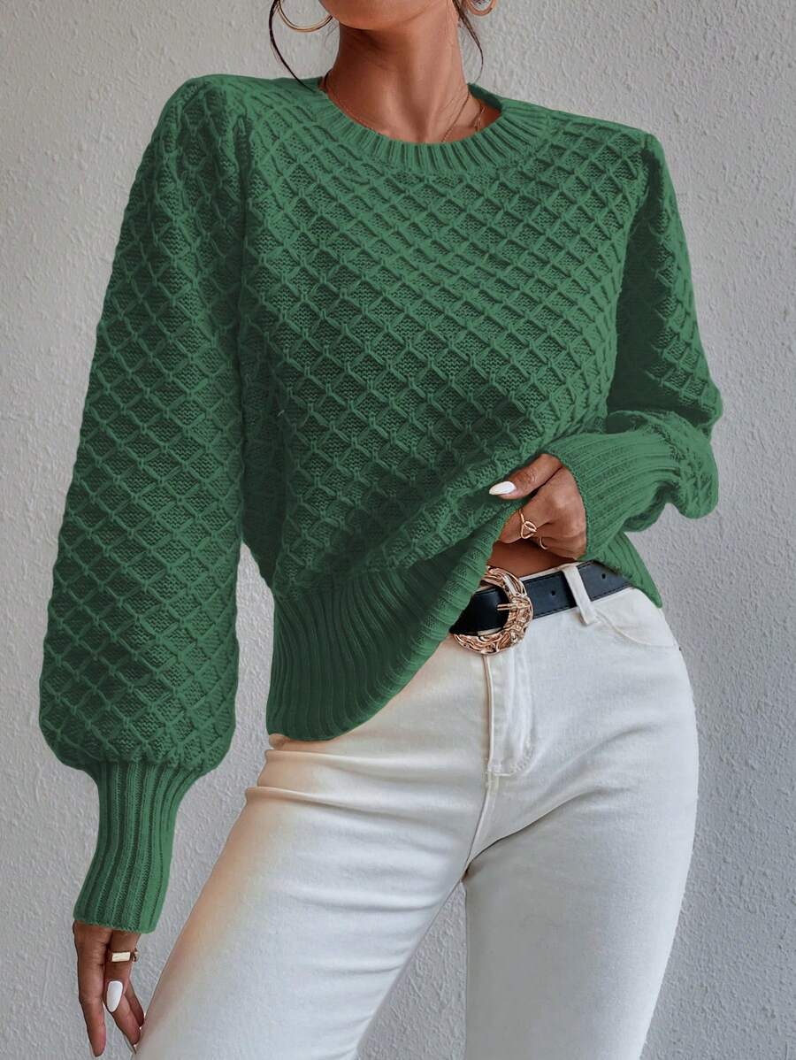 SHEIN LUNE Pull en tricot à manches lanternes en argyle, pull-over d'automne-hiver - Vert sapin - Voir 1