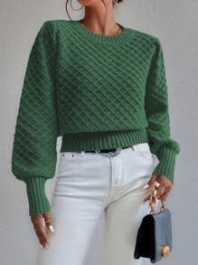 SHEIN LUNE Pull en tricot à manches lanternes en argyle, pull-over d'automne-hiver - Vert sapin - Voir 6