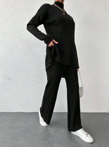 EURMUSE Mock Neck Drop Shoulder Split Hem Tee & Pants - Black - View 3